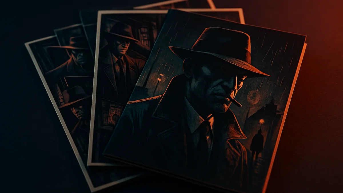 A stack of original comics with a gritty detective-fiction cover style