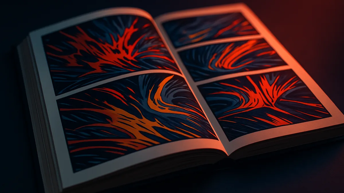 An open comic book showing original dynamic ink-style artwork