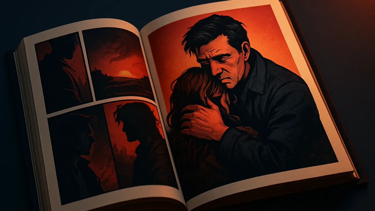 An open graphic novel page with an original illustrated scene