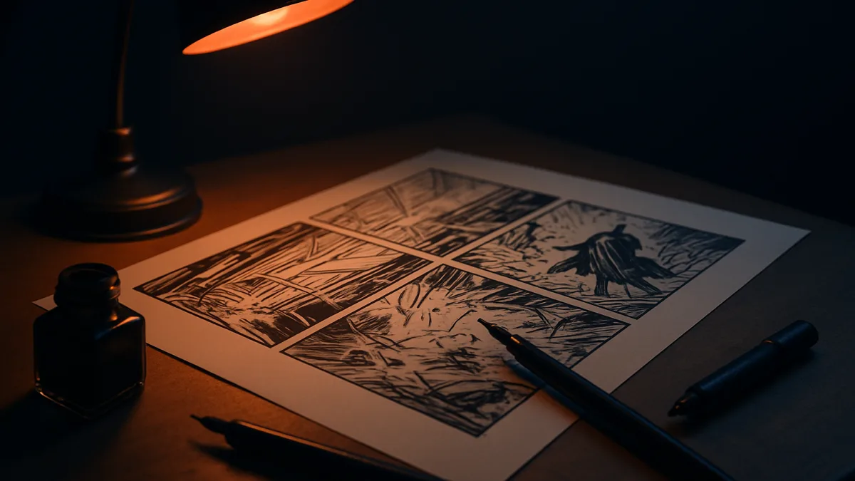 A hand-inked original comic page on an artist's drafting table