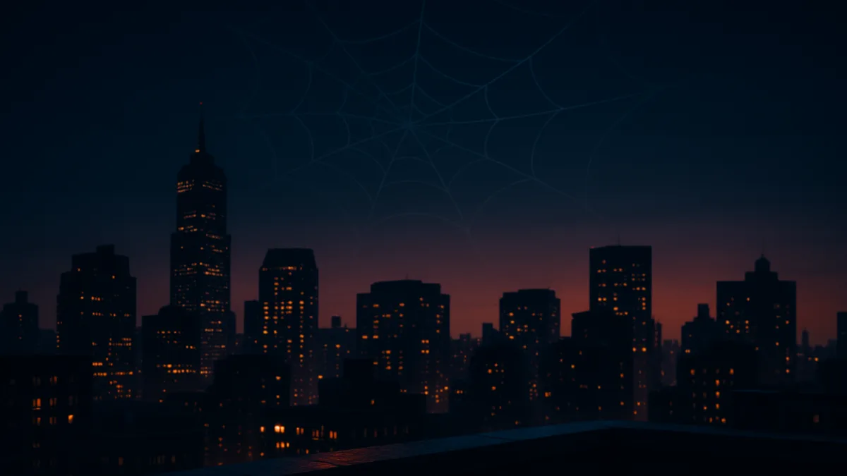 A city skyline at dusk with an abstract web-like light pattern
