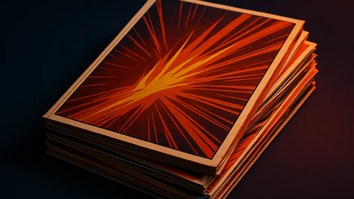 A stack of original comics with dynamic motion-line cover designs
