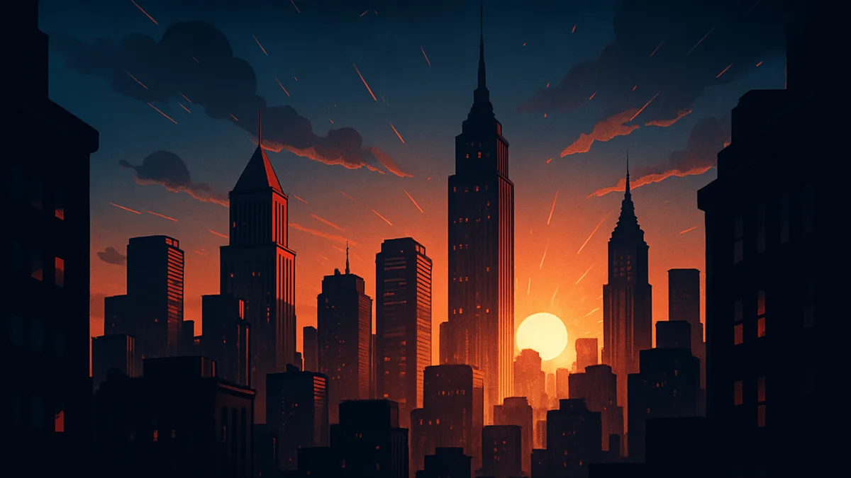 A hopeful sunrise over a stylized original city skyline