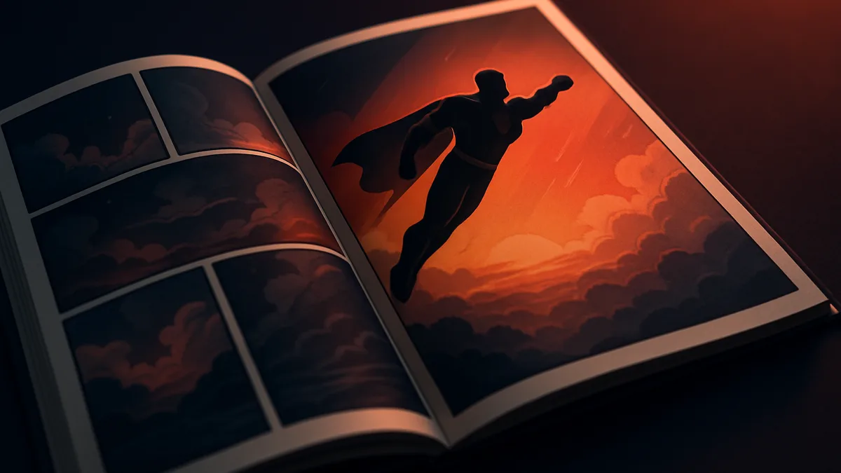 An open comic page with an original heroic figure flying above clouds