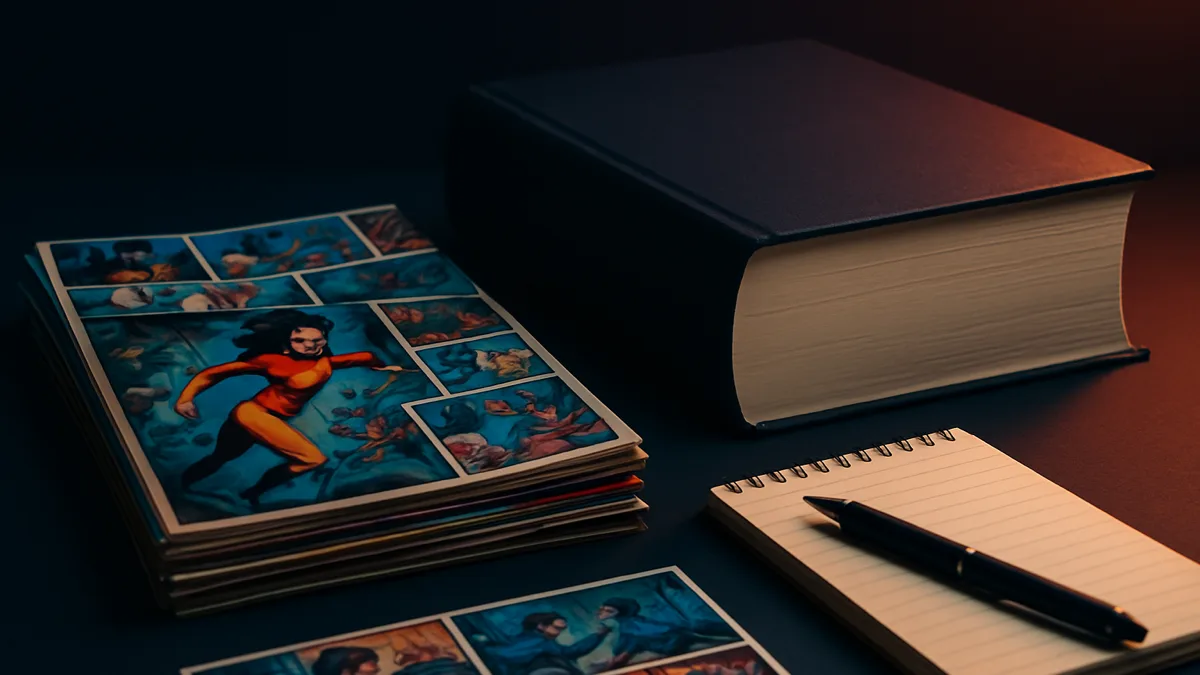 Comics beside a reference book and a notepad