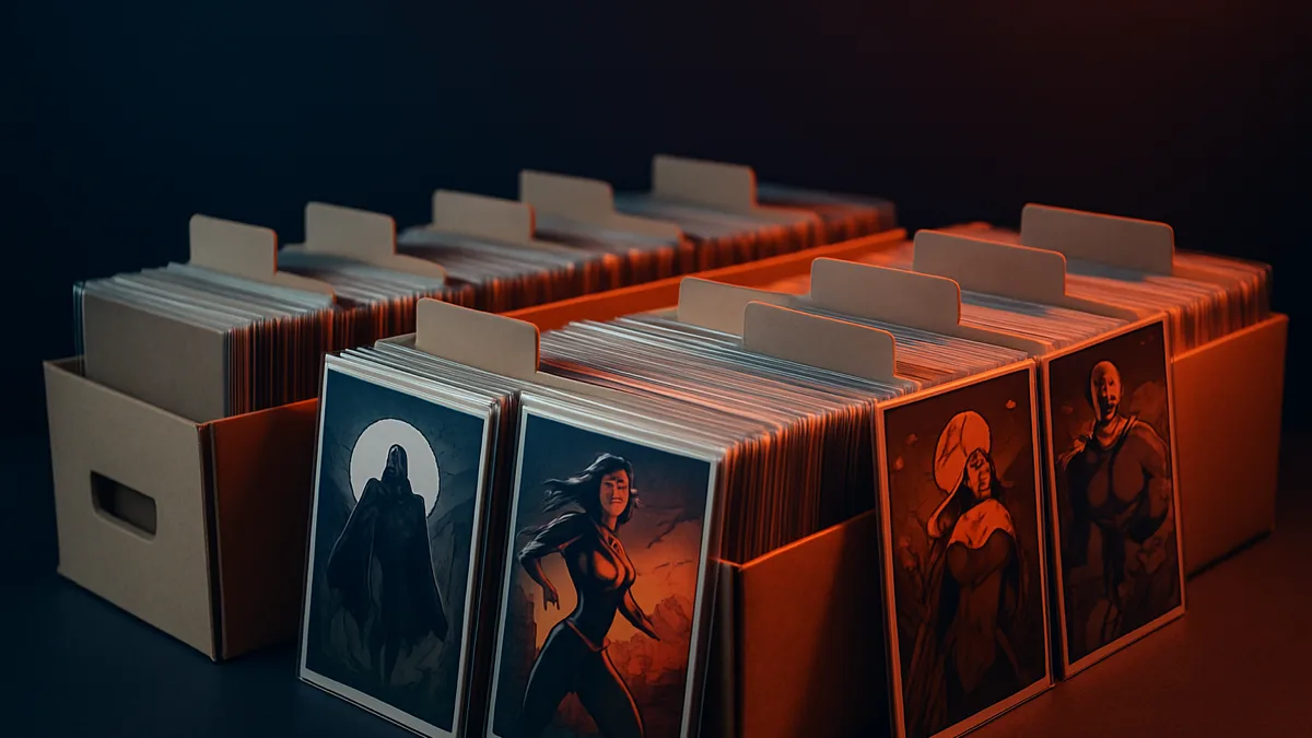 Neatly organized comic long boxes with labeled dividers