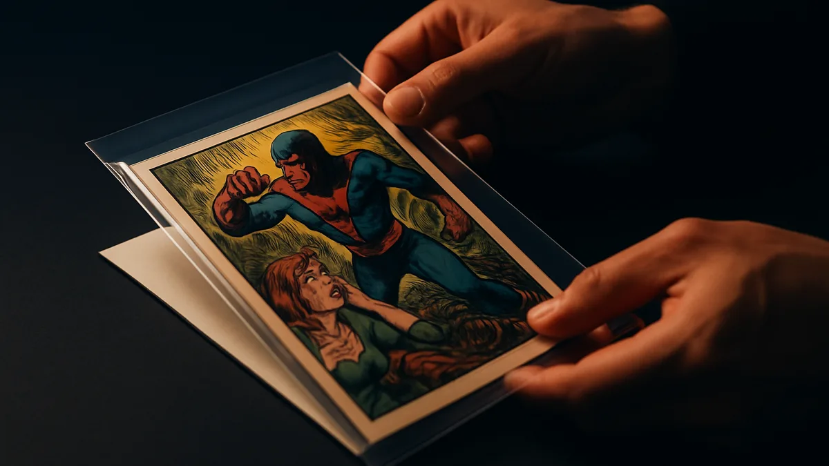 A comic book being placed into a protective bag and backing board