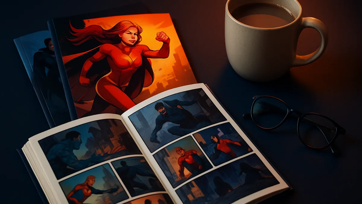 A beginner-friendly flat lay of comics, a warm drink, and reading glasses