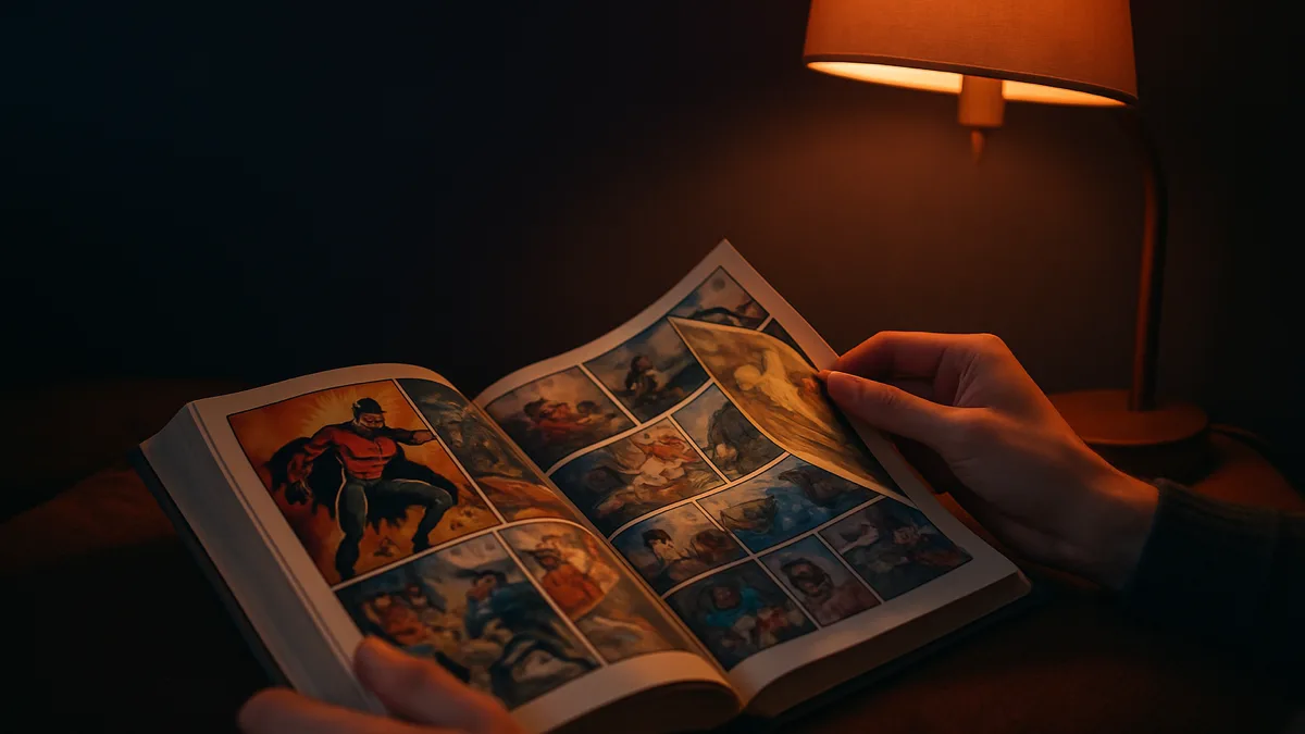 Hands turning a page of an open comic book in a cozy reading nook