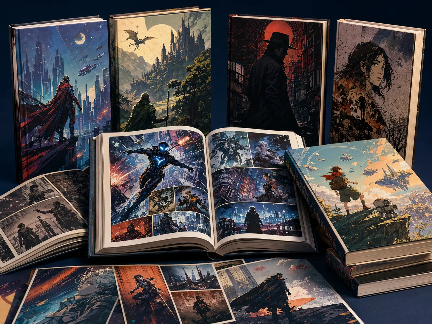 A curated collection of original comic books and graphic novels, with one open to an illustrated spread